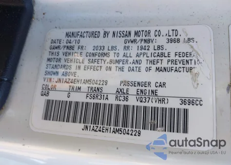 2010 Nissan 370Z Nismo z USA, uszkodzony, nr VIN JN1AZ4EH1AM504229